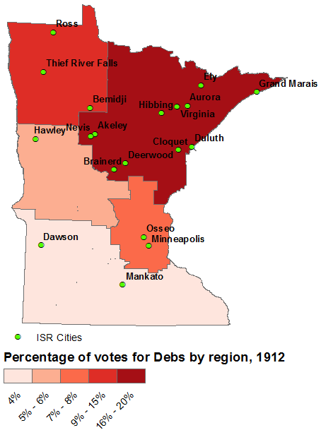 A choropleth showing five Minnesota regions depending on how many votes Debs got.
