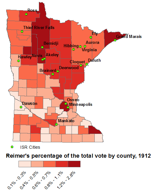A choropleth map showing Minnesota counties depending on how many votes Reimer got.