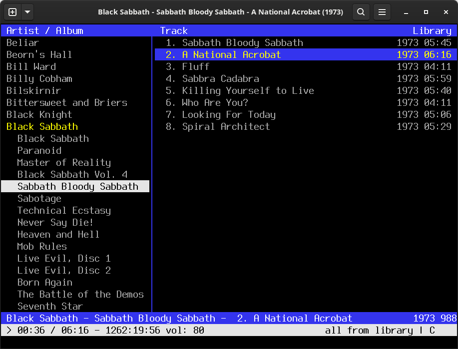 cmus in a terminal window. Artists listed on left, tracks on right.