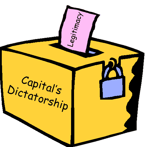 Illustration of a ballot box and ballot. The ballot reads legitimacy and the box reads Capital's Dictatorship.